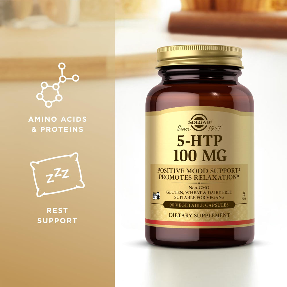Solgar 5-HTP packaging shot with 90 servings for calm routines.