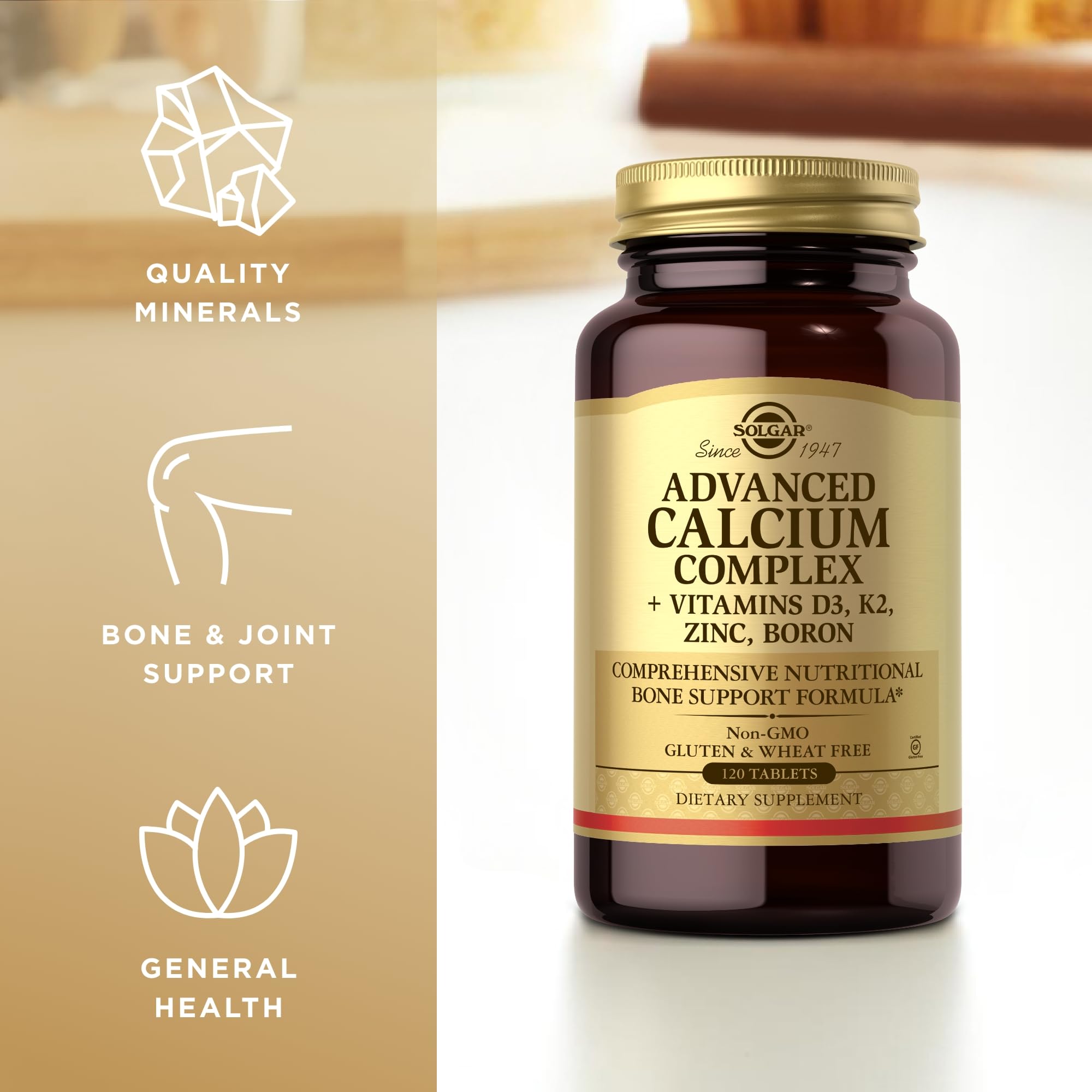 Solgar Advanced Calcium Complex label-details explain zinc, boron, D3 and K2 essentials