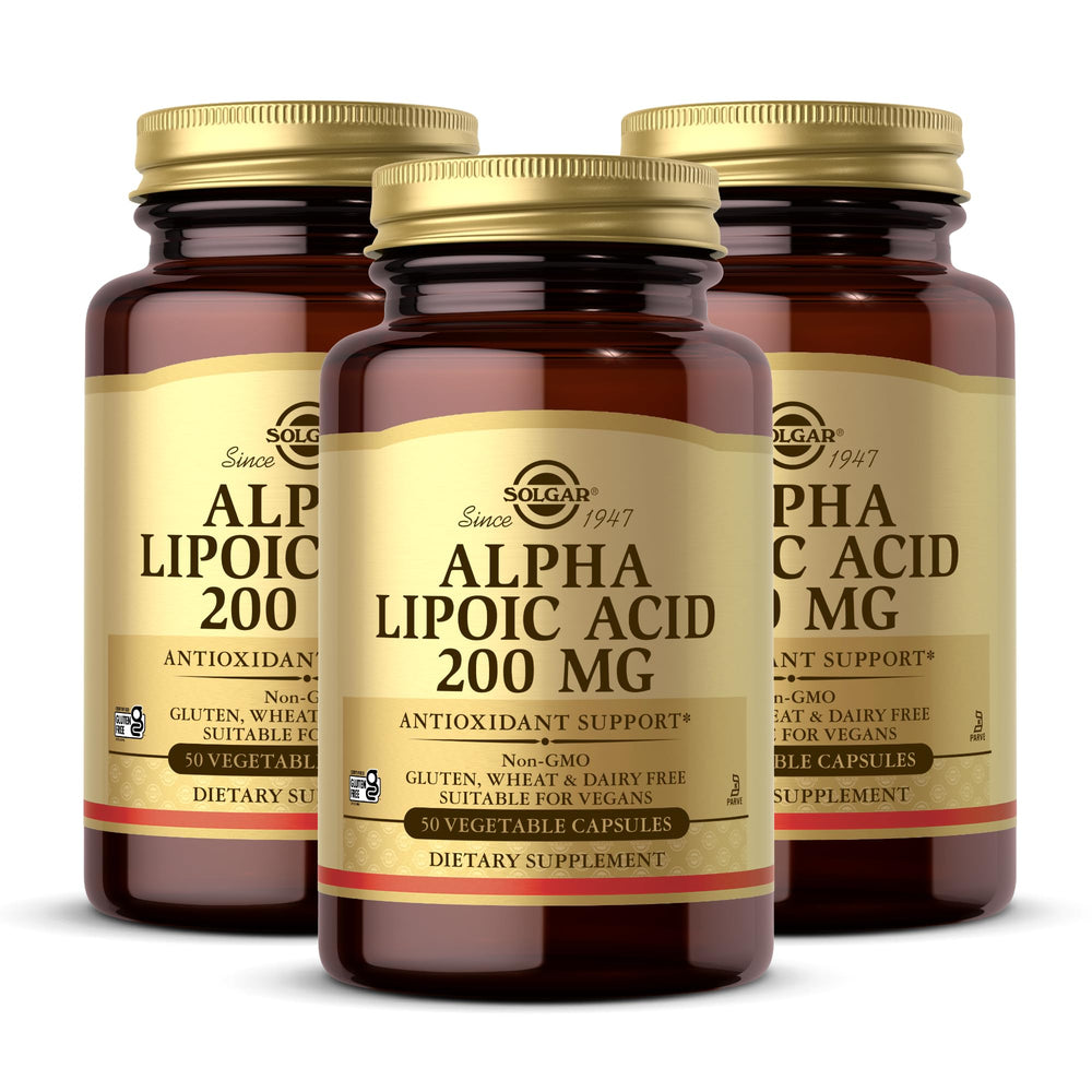 Solgar Alpha Lipoic Acid 200 mg bottle front view, vegan formula.