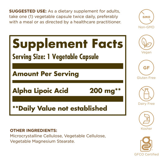 Solgar Alpha Lipoic Acid 200 mg bottle label showing non-GMO vegan ingredients.