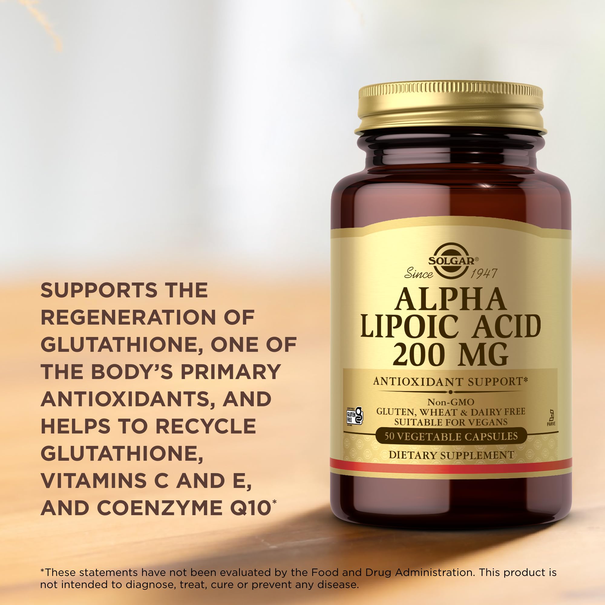 Solgar Alpha Lipoic Acid 200 mg ingredient list highlights gluten-free and vegan status.