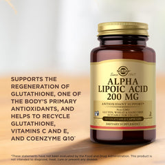 Solgar Alpha Lipoic Acid 200 mg ingredient list highlights gluten-free and vegan status.