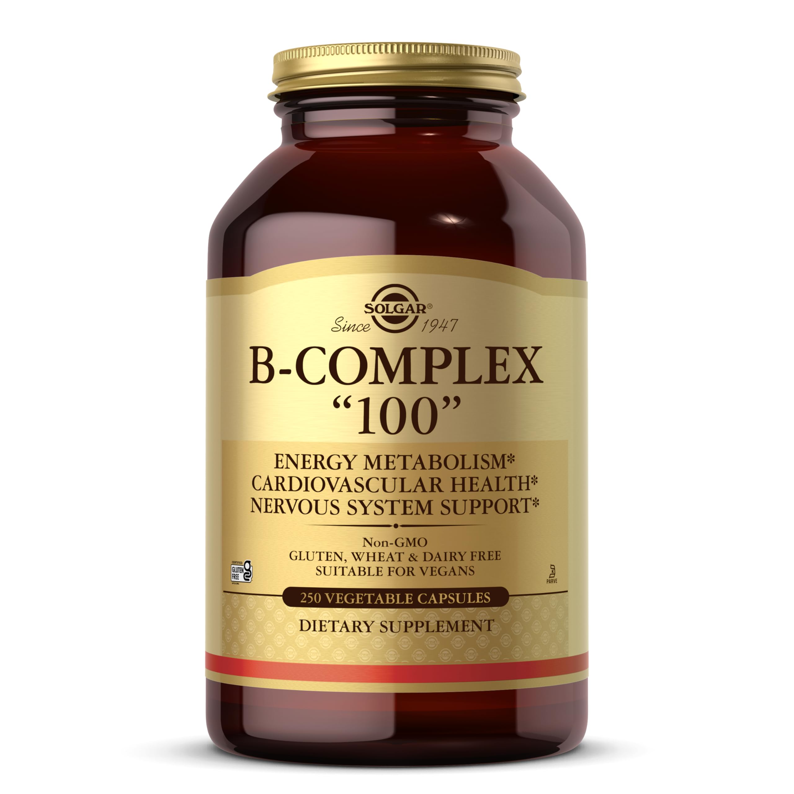 Solgar B-Complex 100 bottle front promotes vegan energy support