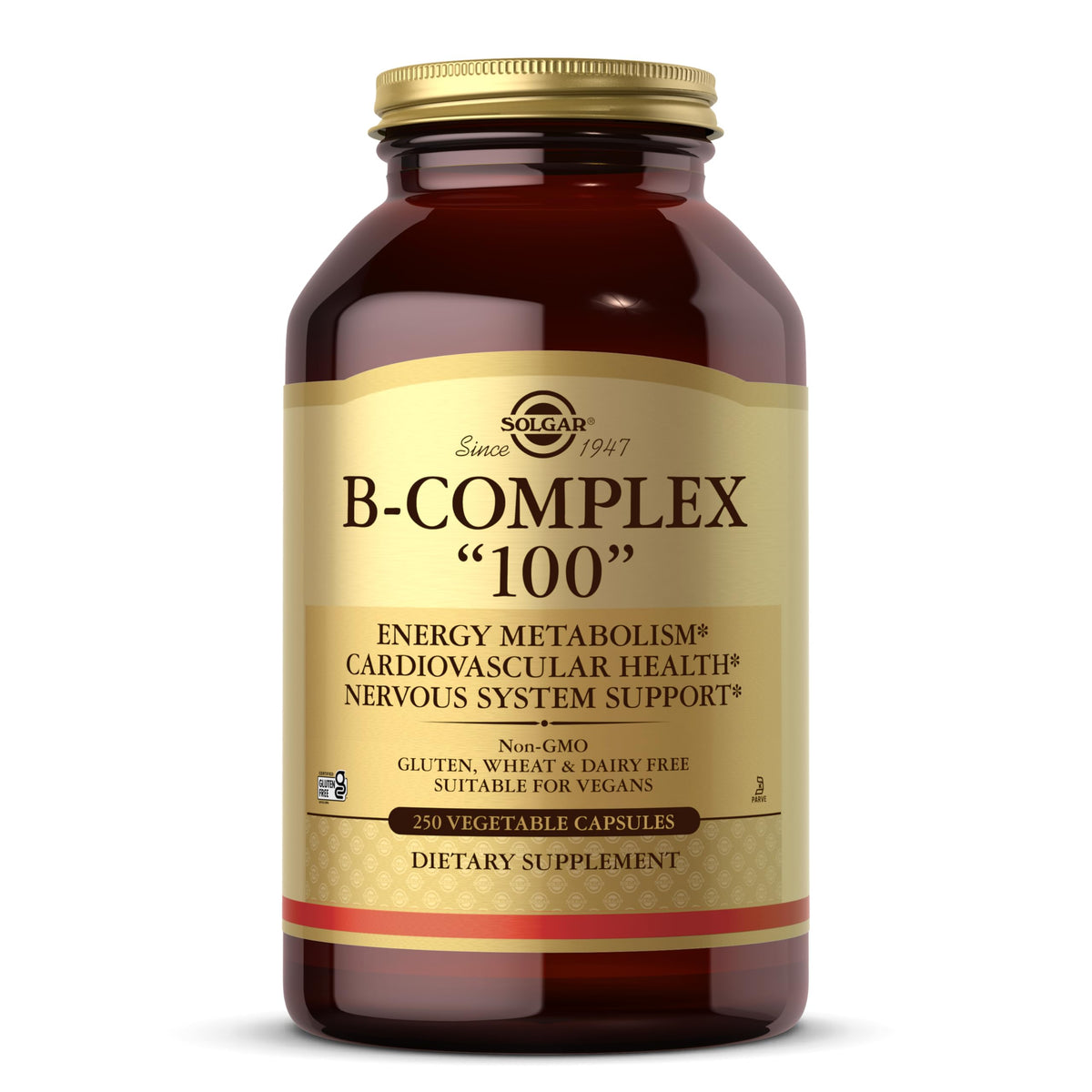 Solgar B-Complex 100 bottle front promotes vegan energy support