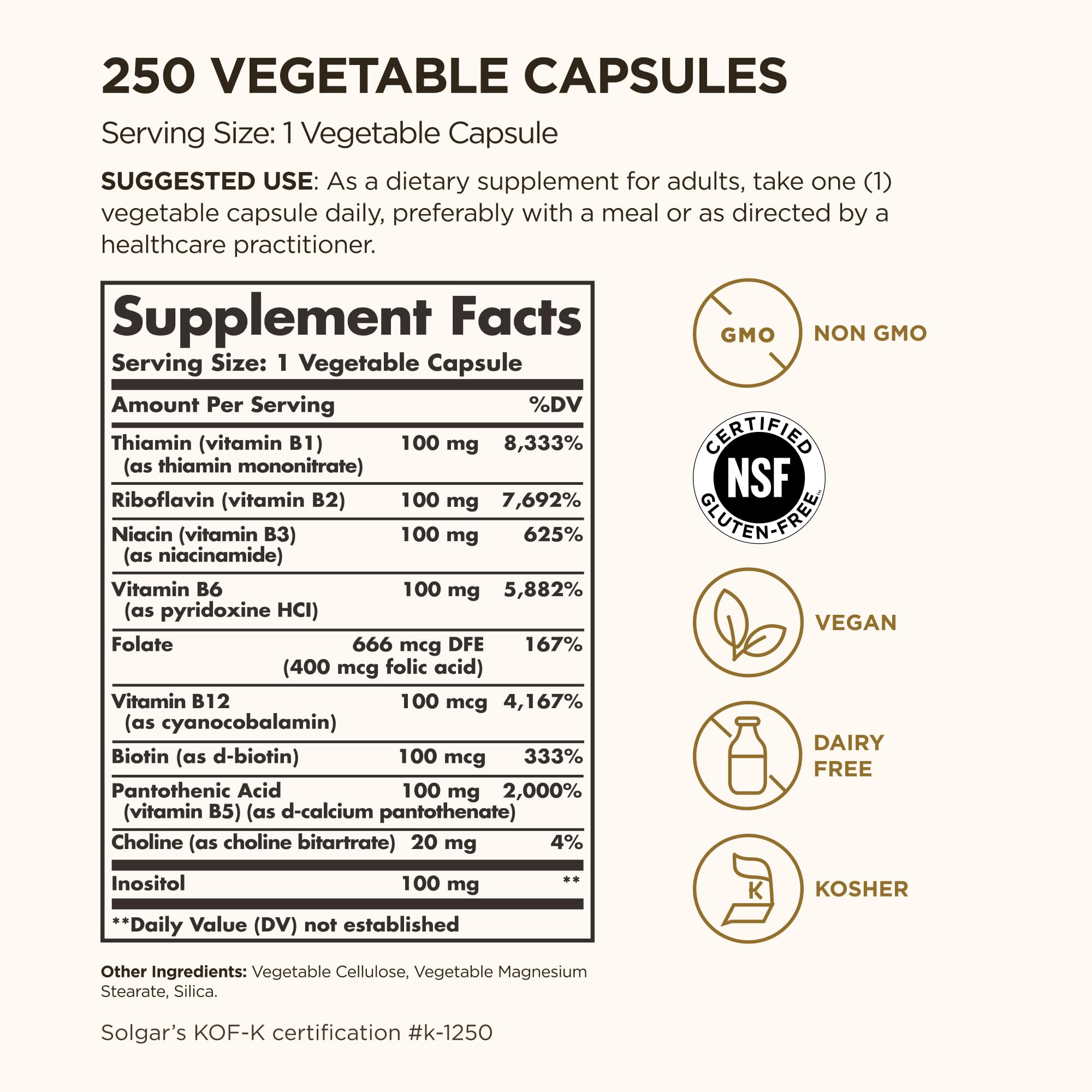 Solgar B-Complex 100 label closeup highlights non-GMO vegan formula