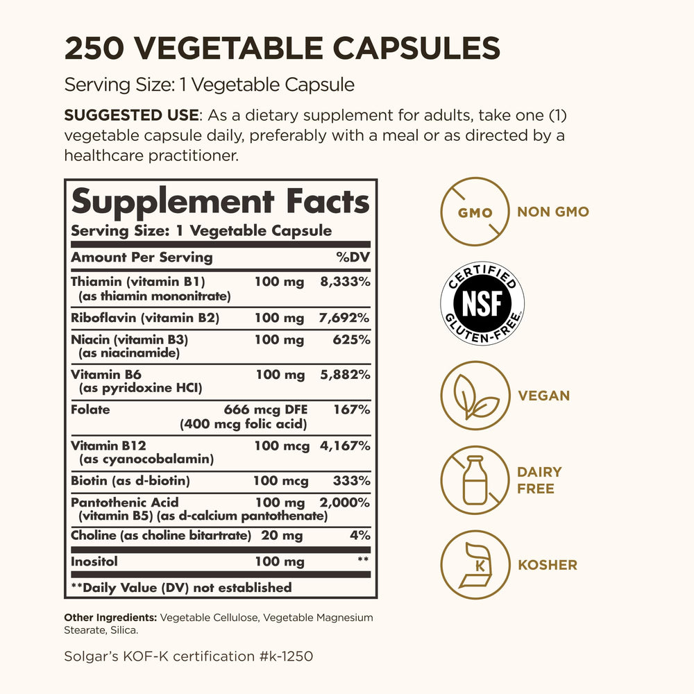 Solgar B-Complex 100 label closeup highlights non-GMO vegan formula