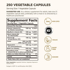 Solgar B-Complex 100 label closeup highlights non-GMO vegan formula