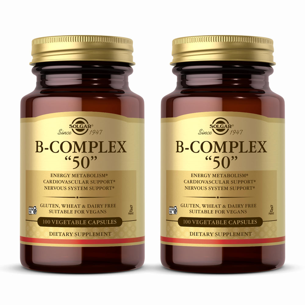 Solgar B-Complex 50 bottle front view showing clean label and vegan formula for energy support