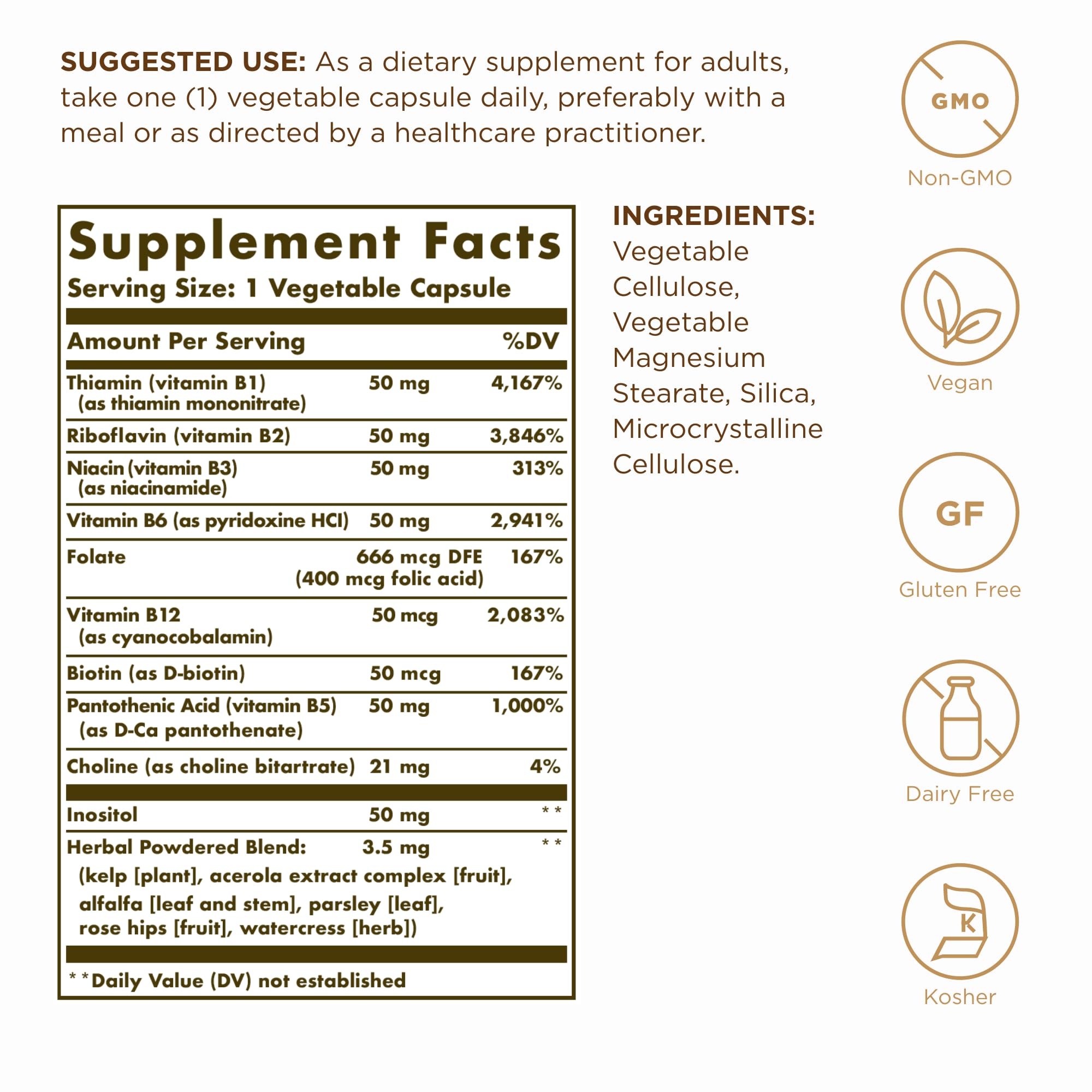 Solgar B-Complex 50 bottle side view highlighting packaging and complete B vitamin blend
