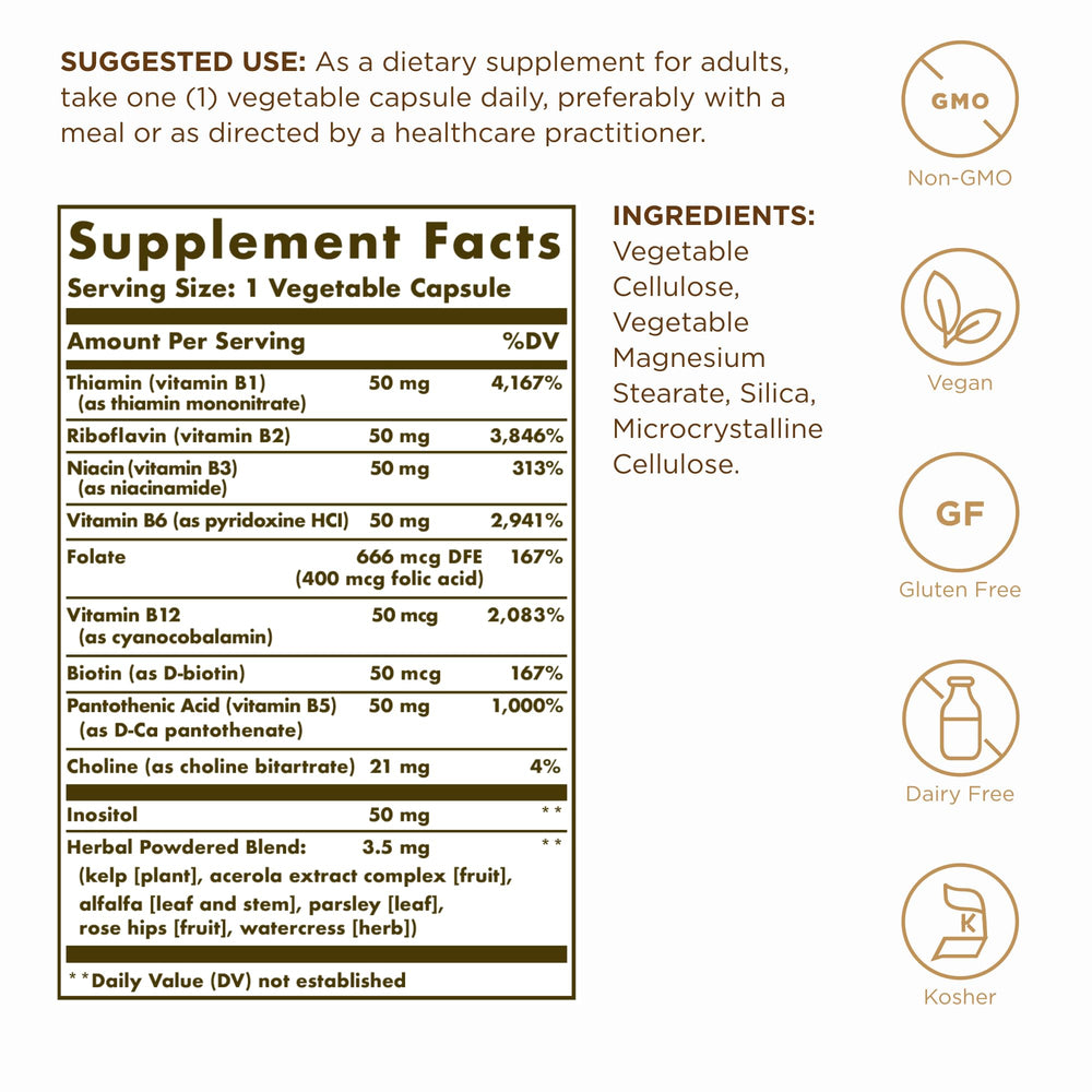 Solgar B-Complex 50 bottle side view highlighting packaging and complete B vitamin blend