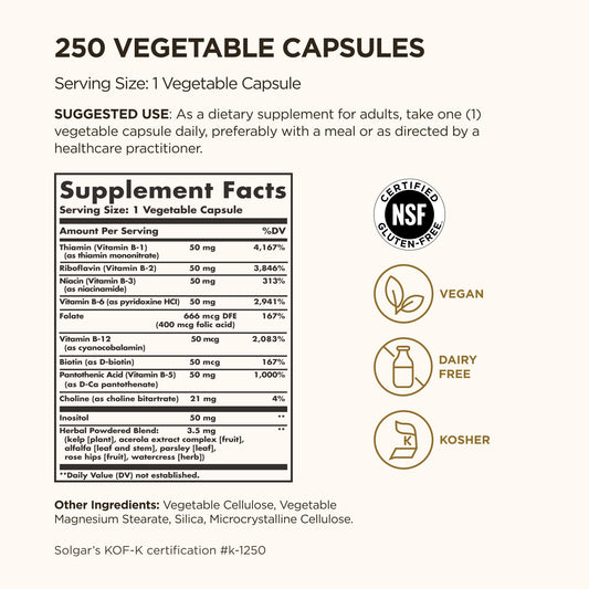 Solgar B-Complex 50 label closeup showing B vitamin benefits