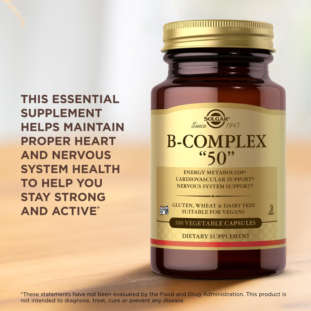 Solgar B-Complex 50 pack of two boxes indicating value and convenience for daily dosing