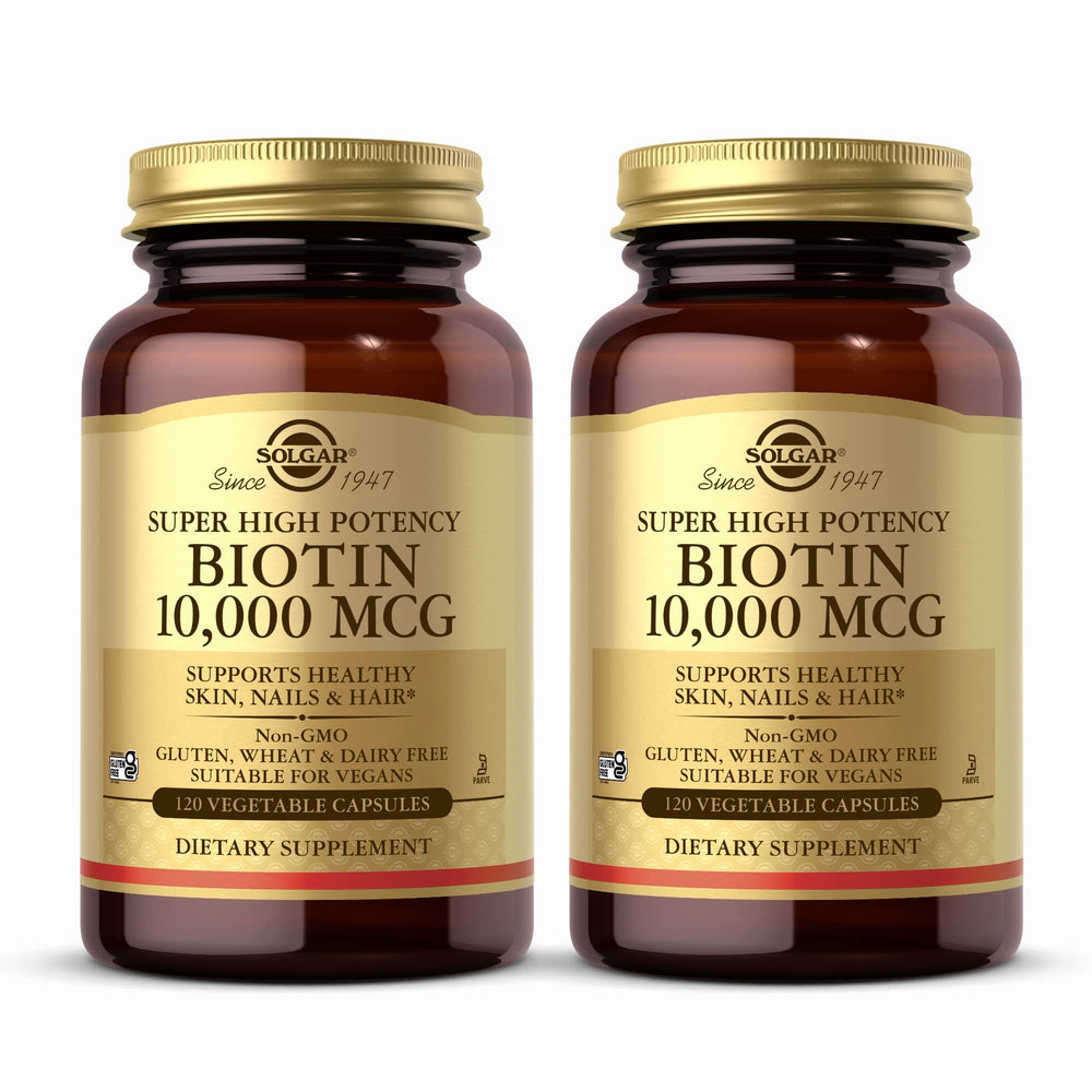 Solgar Biotin 10,000 mcg bottle front shows high potency for skin, nails, and hair