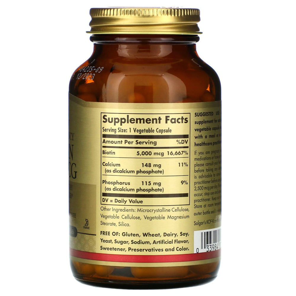 Solgar Biotin 5000 mcg ingredients panel featuring eyebright, Ginkgo, NAC.