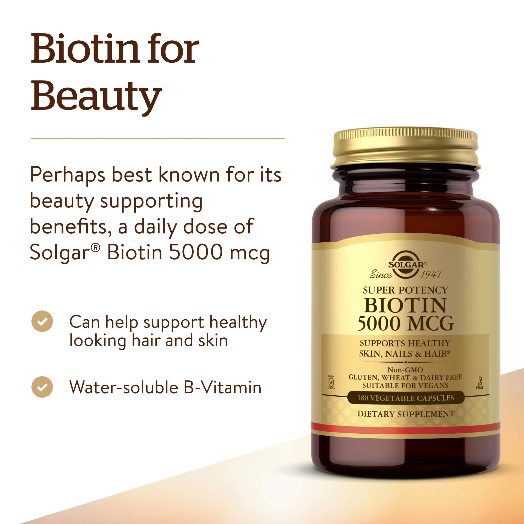 Solgar Biotin 5000 mcg label close-up with vegan and gluten-free claims.
