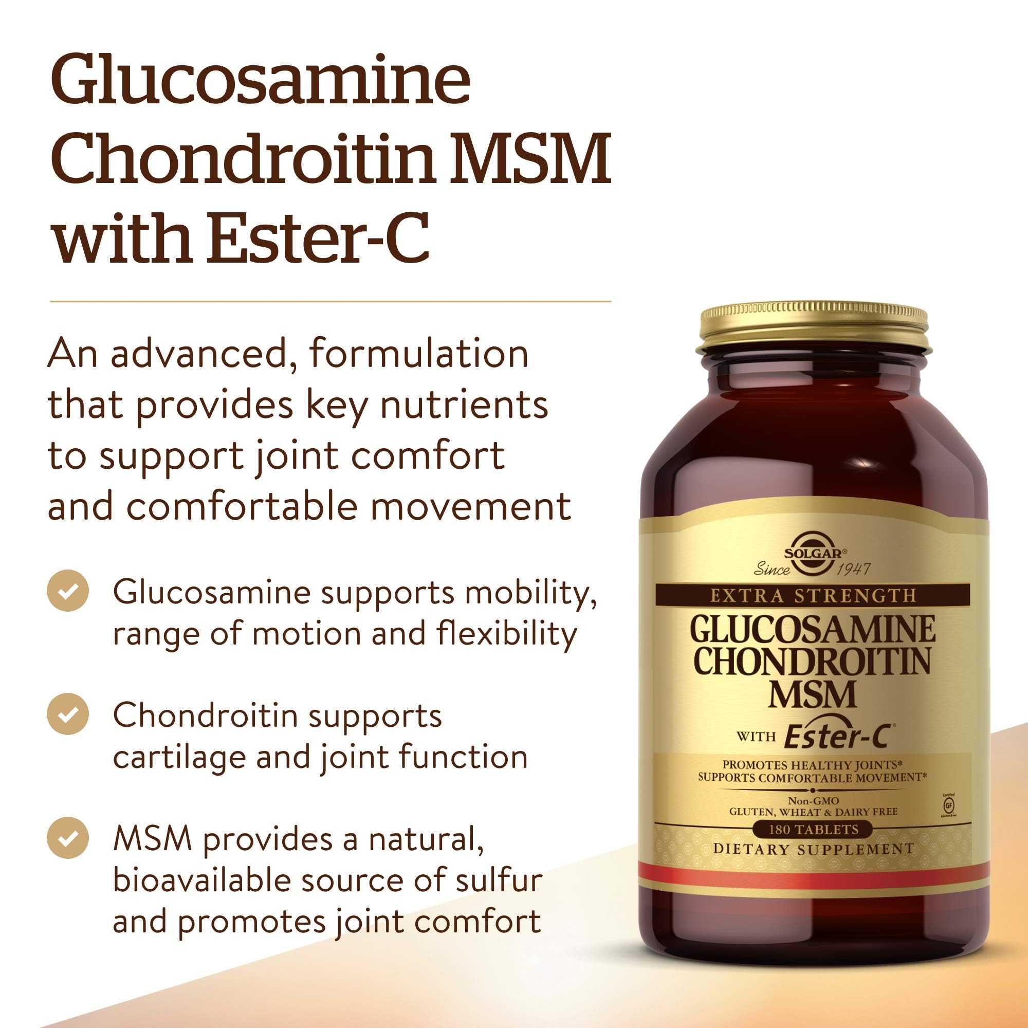 Solgar bottle label highlights gluten-free and dairy-free, non-GMO attributes.