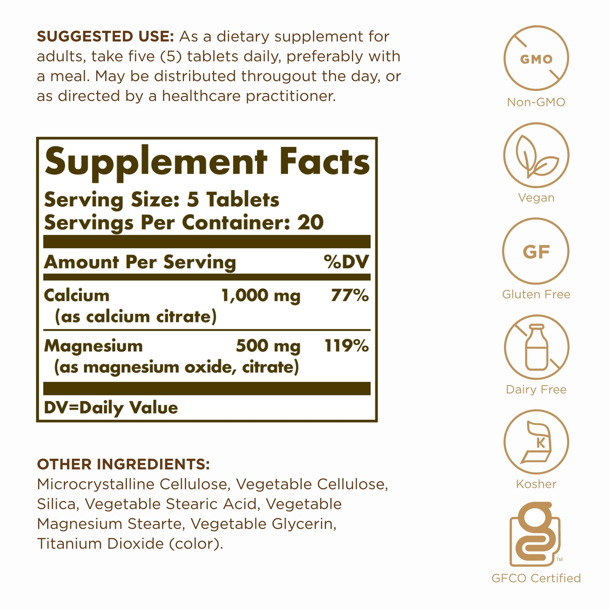Solgar Calcium Magnesium Citrate bottle label showing non-GMO vegan gluten-free attributes