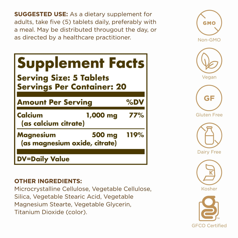 Solgar Calcium Magnesium Citrate bottle label showing non-GMO vegan gluten-free attributes
