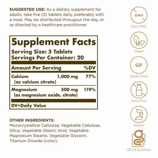 Solgar Calcium Magnesium Citrate bottle label showing non-GMO vegan gluten-free attributes