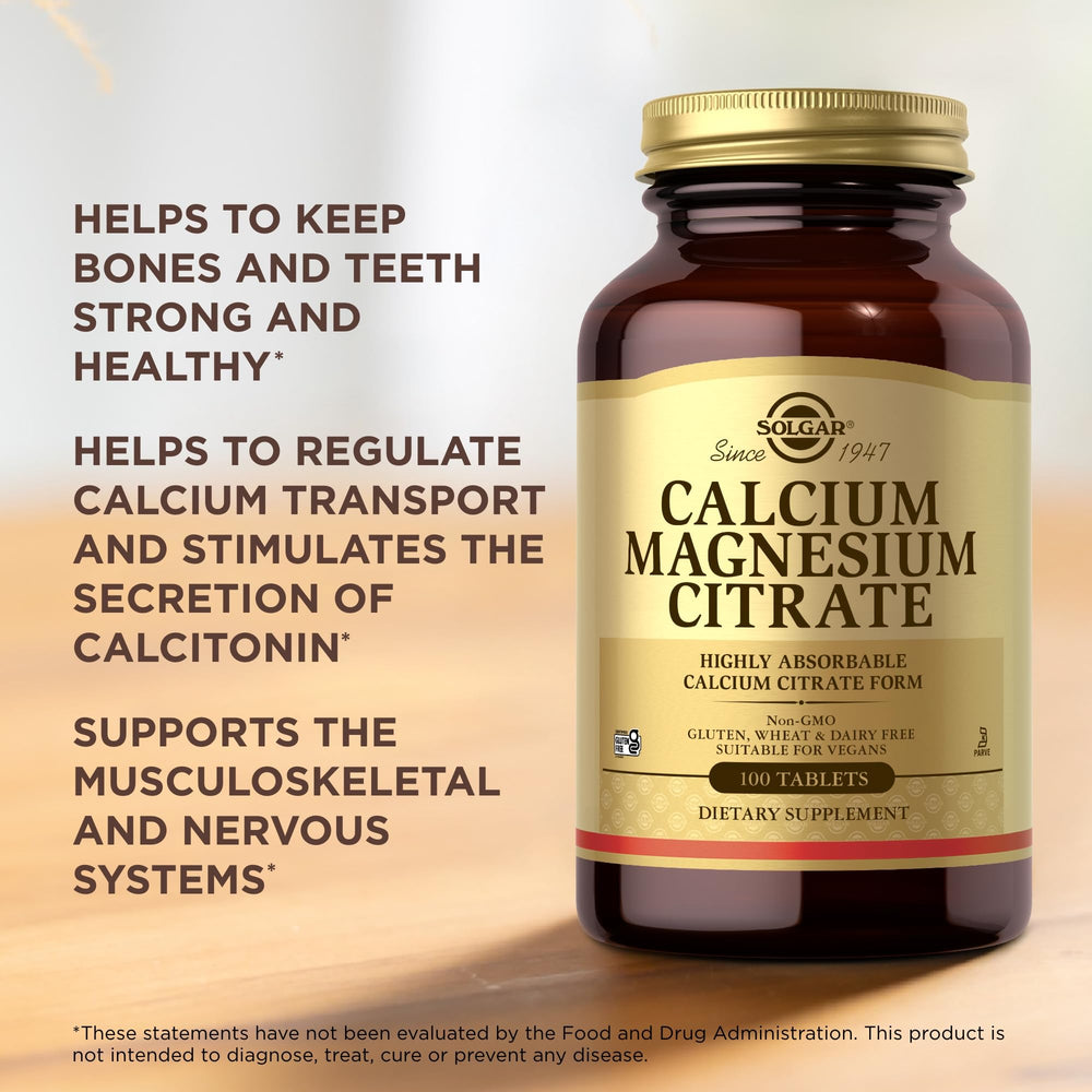 Solgar Calcium Magnesium Citrate supplement facts panel with ingredients and servings
