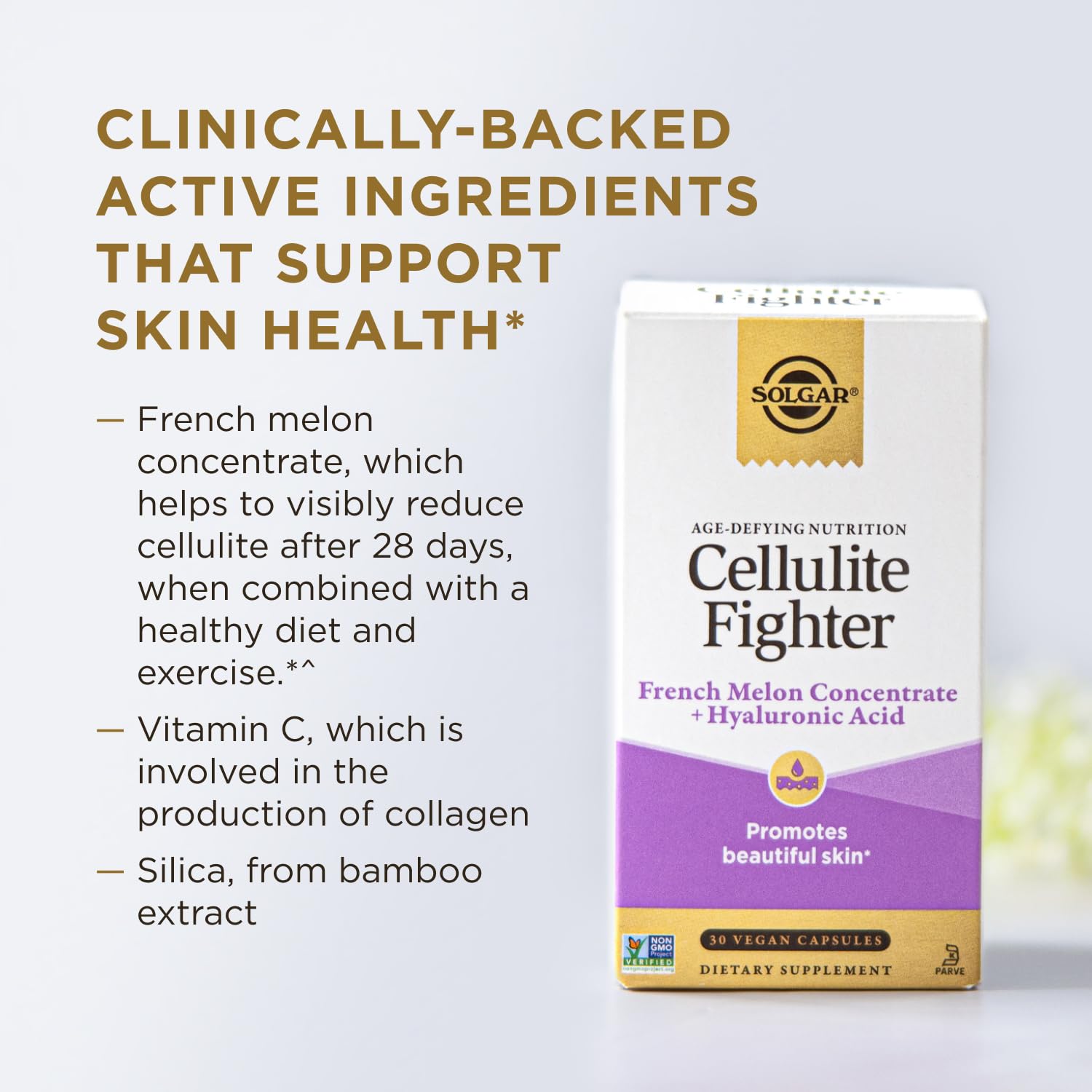 Solgar Cellulite Fighter packaging emphasizes Vitamin C content.