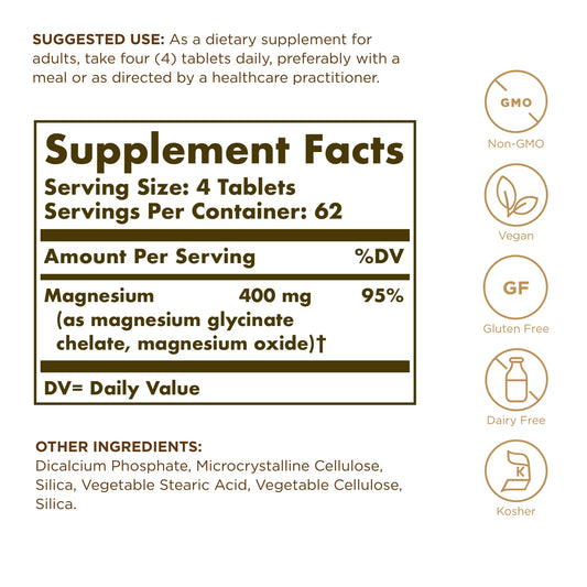Solgar Chelated Magnesium label closeup emphasizing the chelated magnesium for absorption.