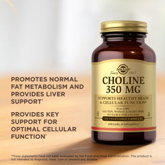 Solgar Choline 350 mg bottle open — easy daily choline routine.