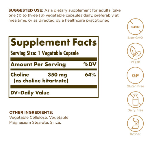 Solgar Choline 350 mg label — vegan, non-GMO formula with kosher certification.