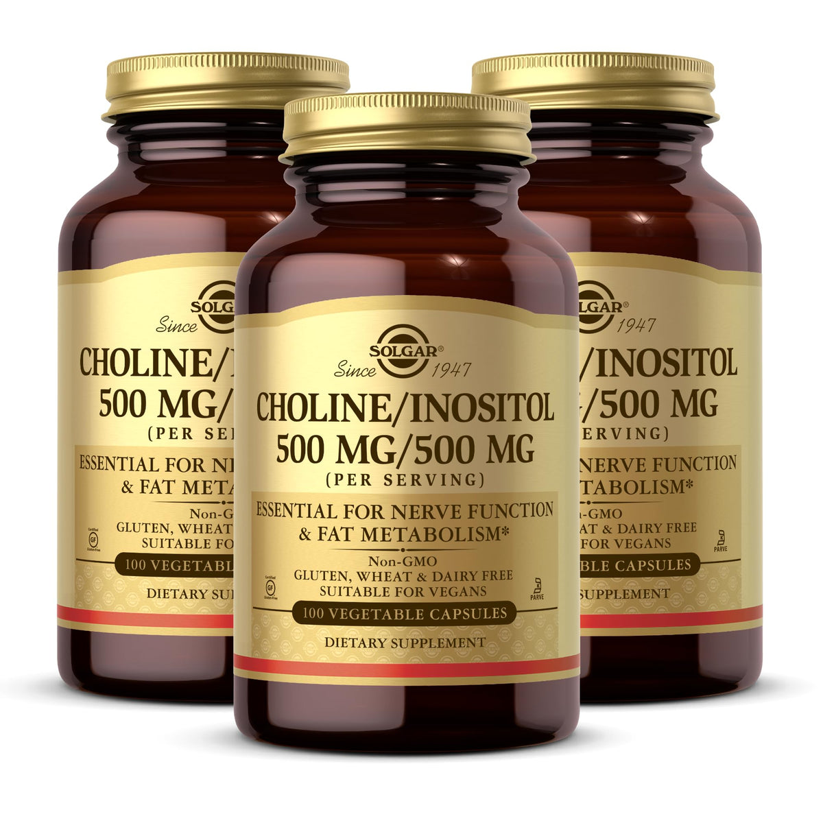 Solgar Choline/Inositol 3-pack bottle on shelf, signaling convenient energy metabolism support.