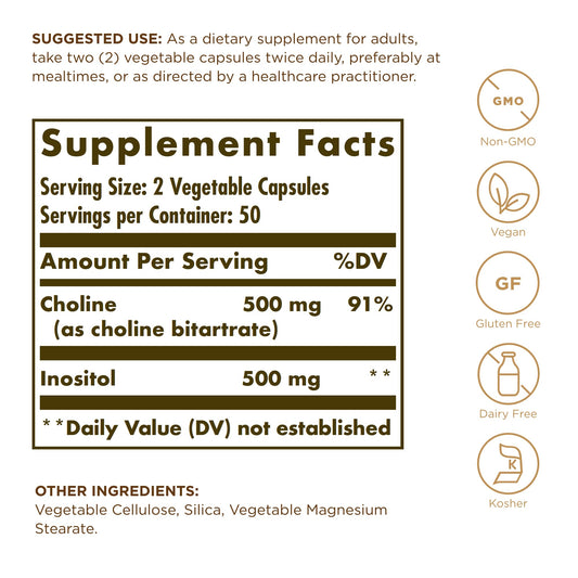 Solgar Choline/Inositol capsules close-up, highlighting easy-to-swallow vegan capsules.