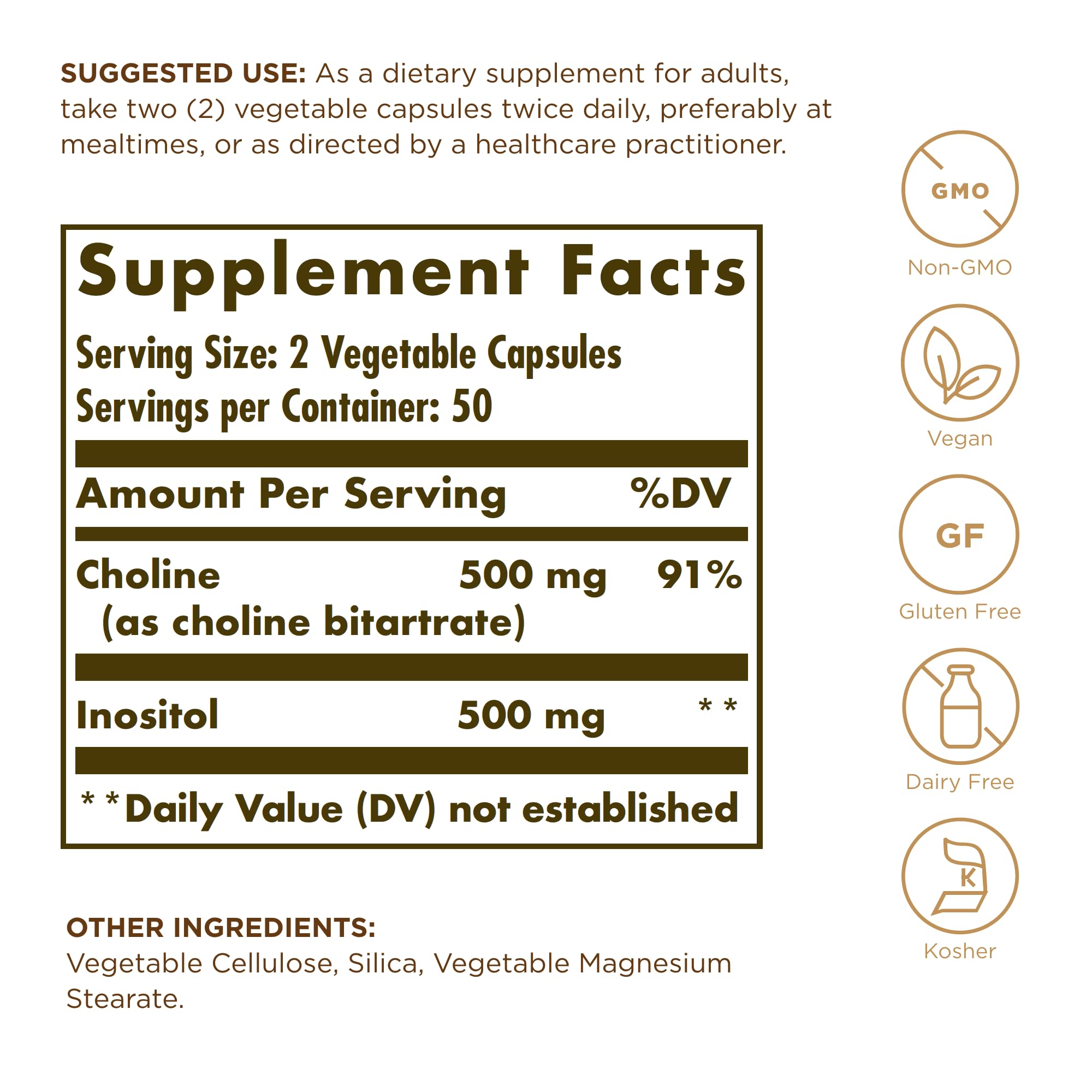 Solgar Choline/Inositol capsules closeup show vegan capsules.