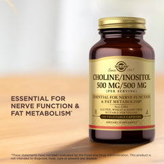 Solgar Choline/Inositol label detail highlights product information.
