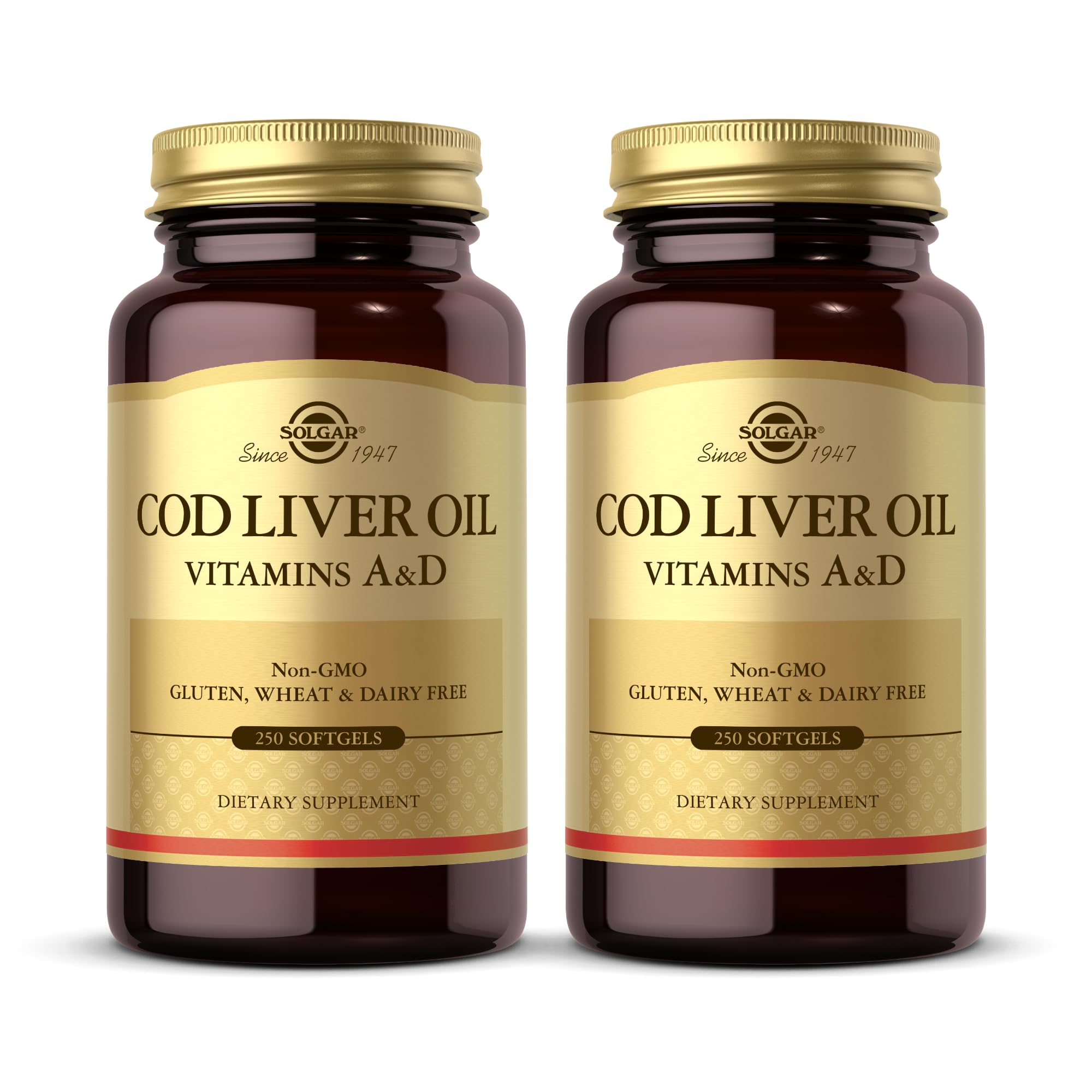 Solgar Cod Liver Oil bottle highlighting vitamins A and D for immune support.