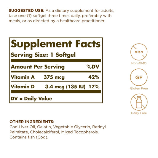 Solgar Cod Liver Oil softgels arranged for daily use.