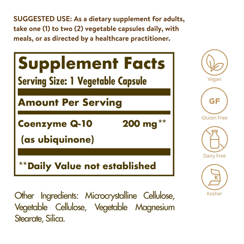 Solgar CoQ-10 label shows vegan, gluten-free, kosher features