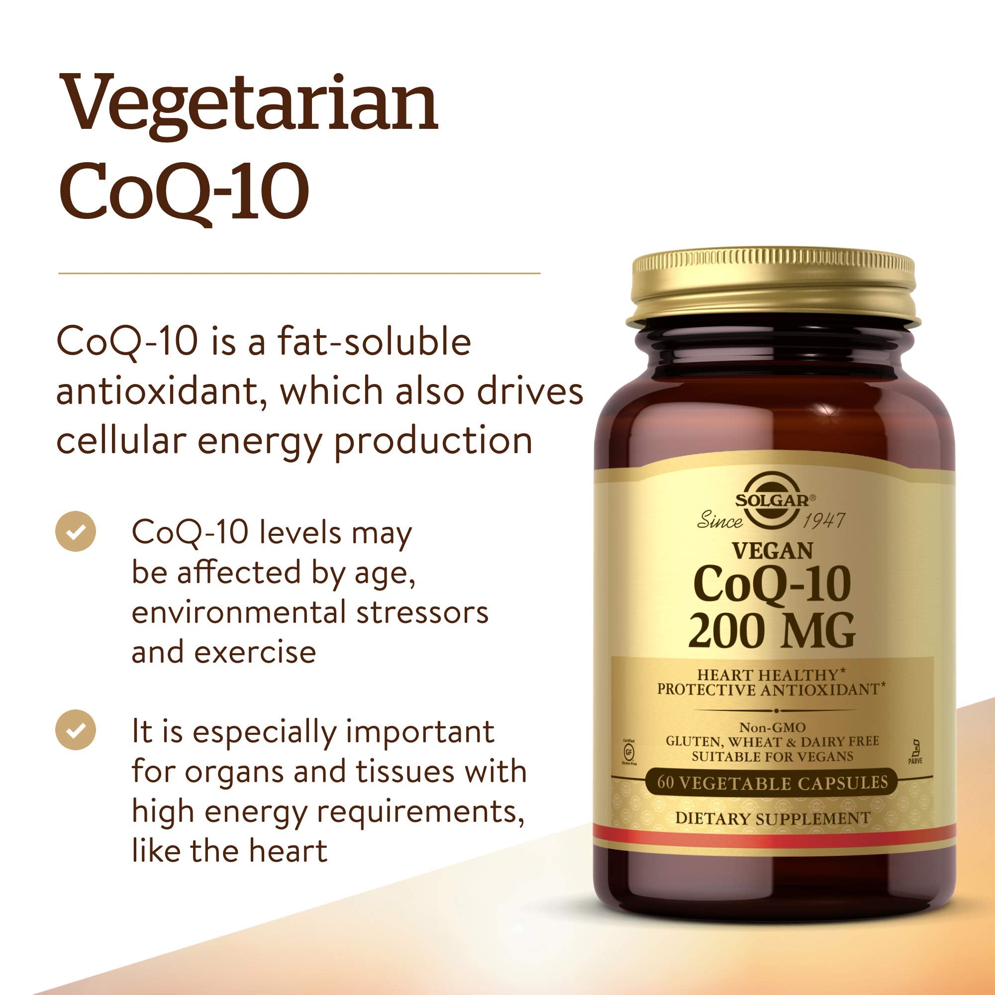 Solgar CoQ-10 capsules inside bottle, convenient daily use