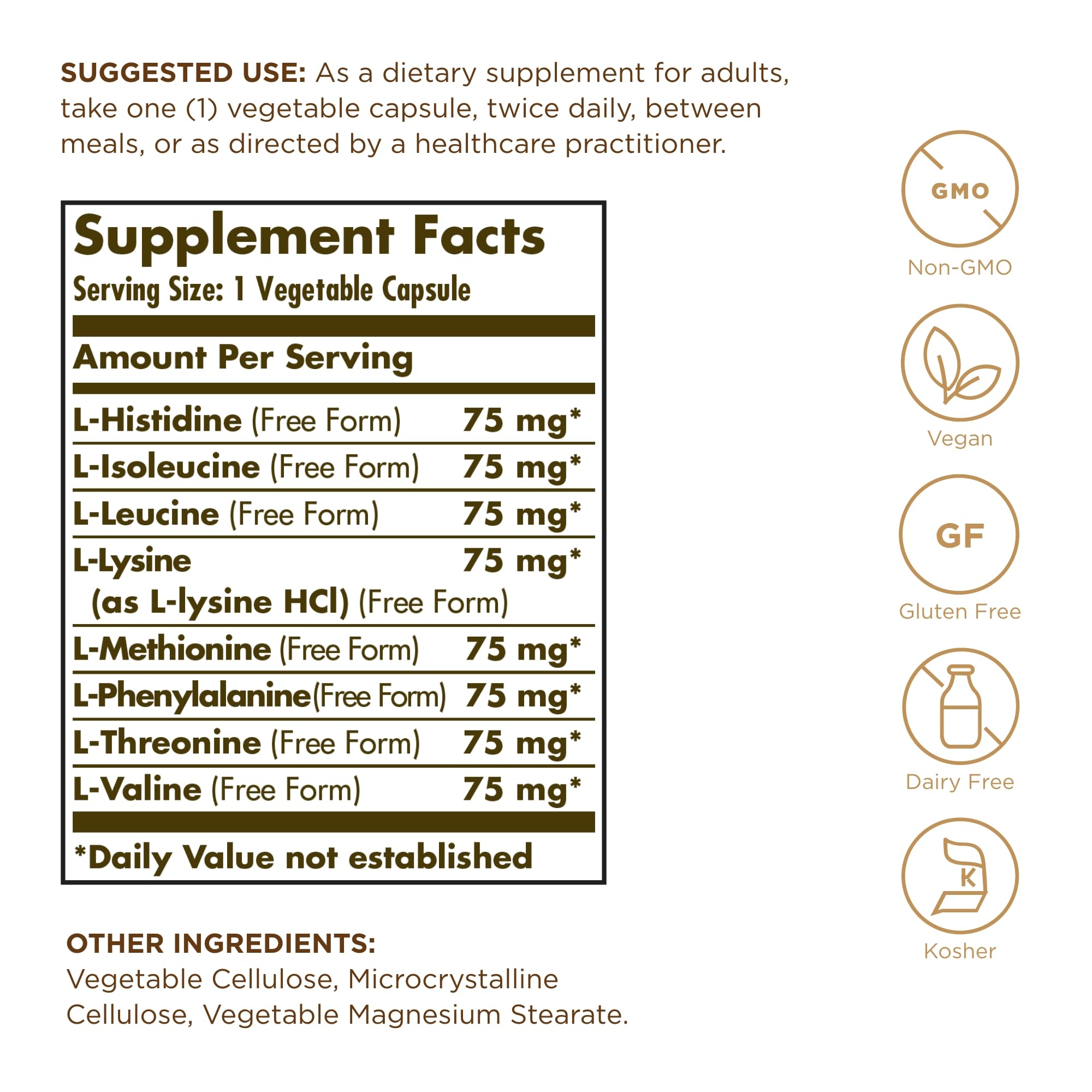 Solgar Essential Amino Complex bottle back showing non-GMO vegan details.
