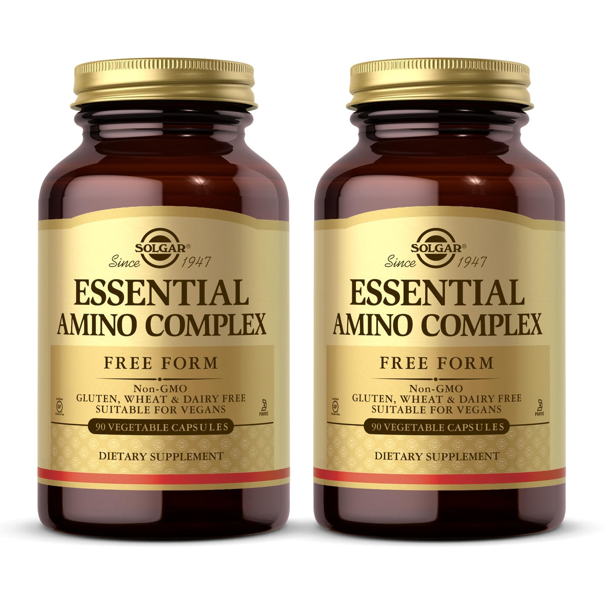 Solgar Essential Amino Complex bottle front, vegan formula for daily protein support.