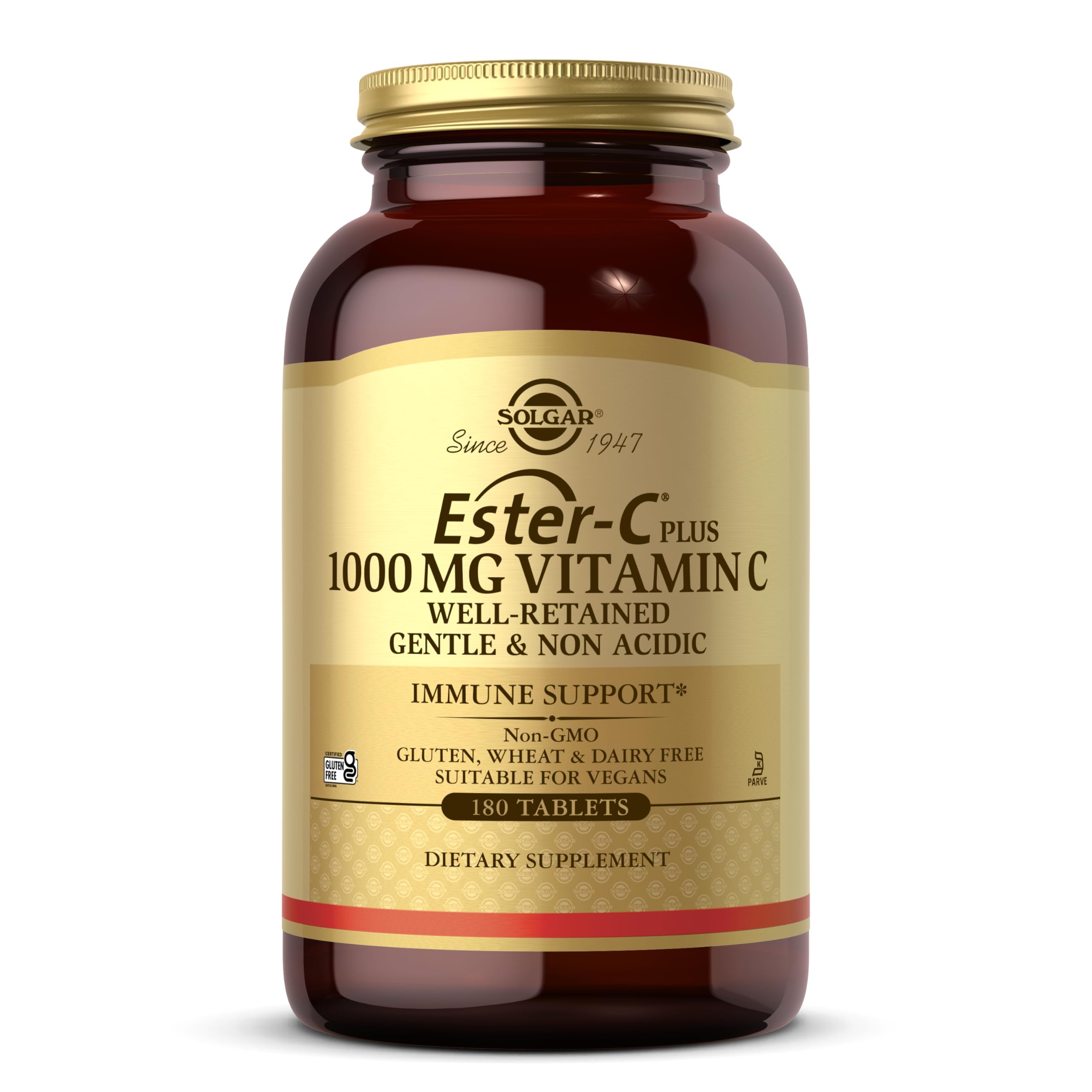 Solgar Ester-C Plus 1000mg bottle front view, gentle on the stomach