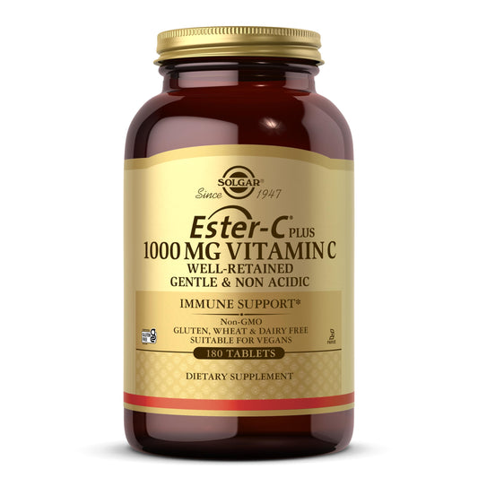 Solgar Ester-C Plus 1000mg bottle front view, gentle on the stomach
