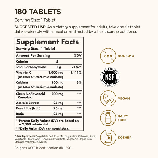 Solgar Ester-C Plus 1000mg tablets close-up, easy to swallow