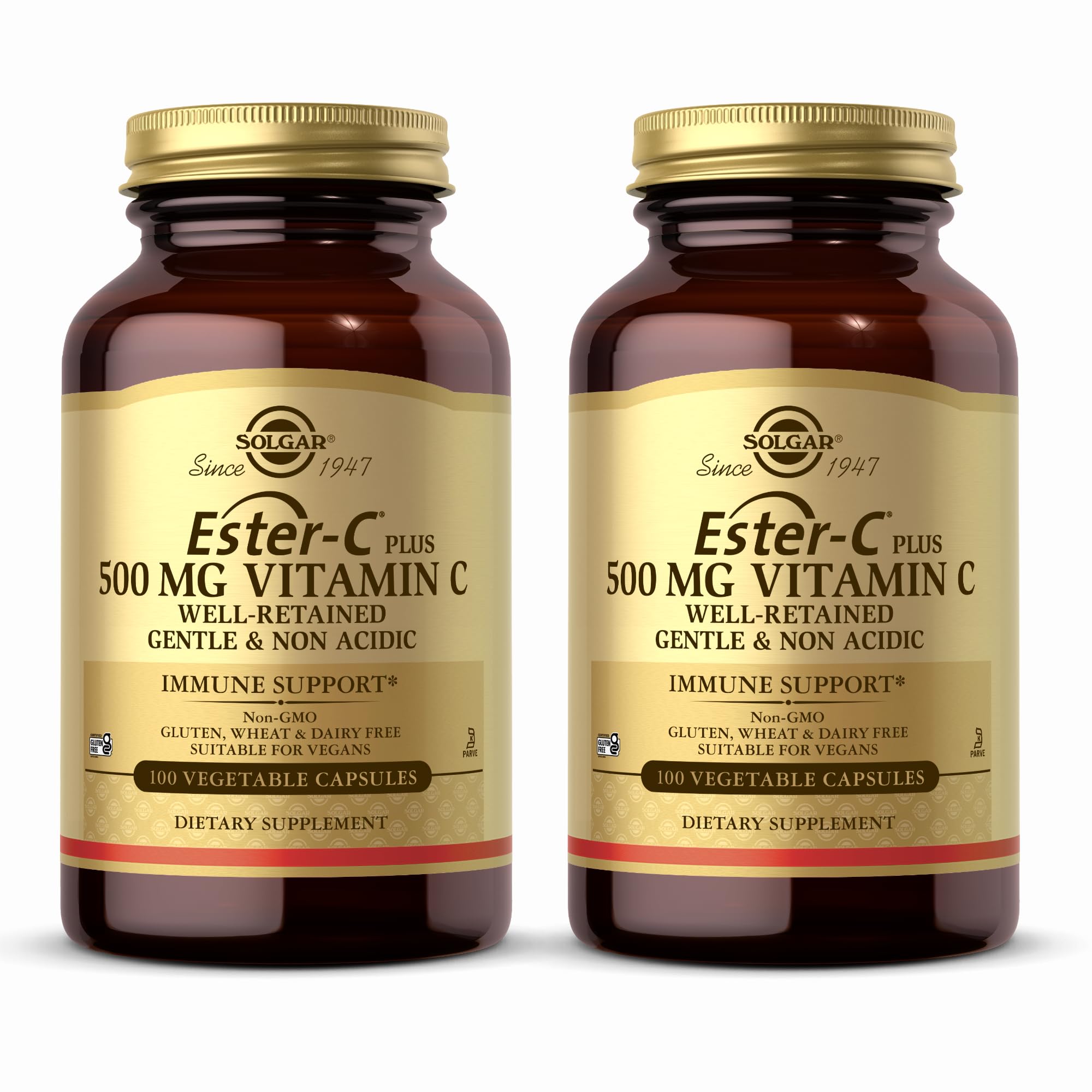 Solgar Ester-C Plus 500 mg bottle close-up for easy daily immune support.