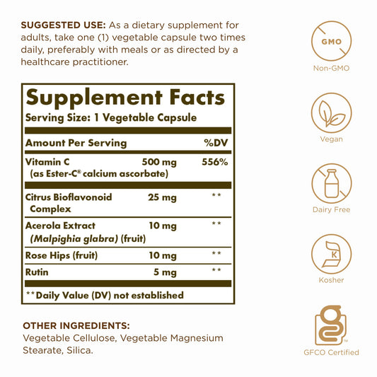 Solgar Ester-C Plus capsules inside bottle showing vegan, non-GMO formula.