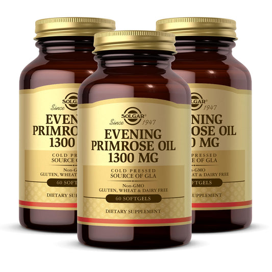 Solgar Evening Primrose Oil bottle with softgels for skin support.