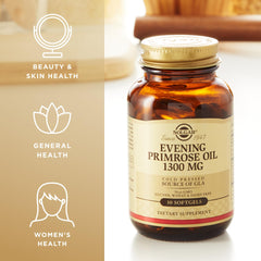 Solgar Evening Primrose Oil softgel close-up showing golden capsule.