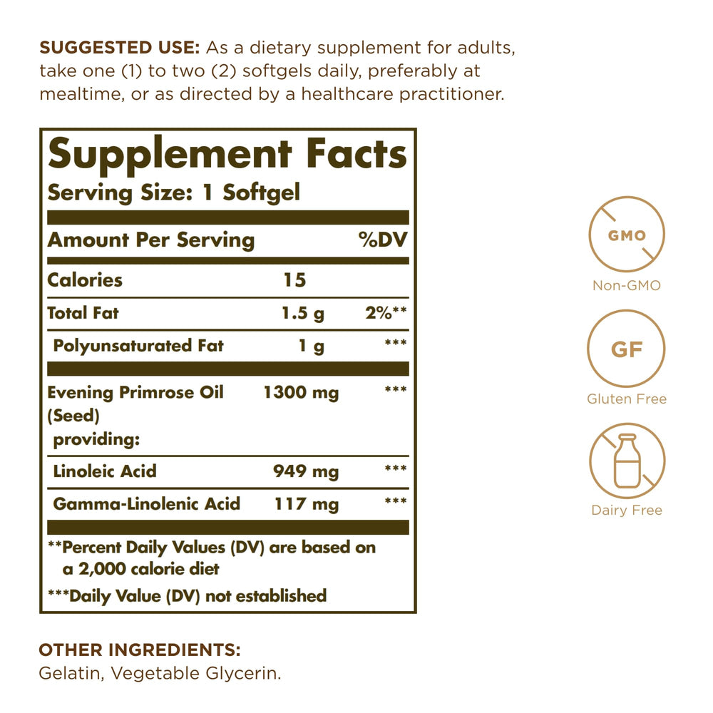Solgar Evening Primrose Oil softgels for daily skin hydration.