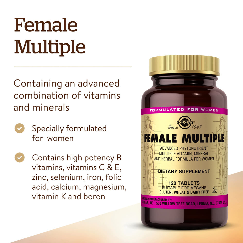 Solgar Female Multiple bottle label close-up showing gluten-free status
