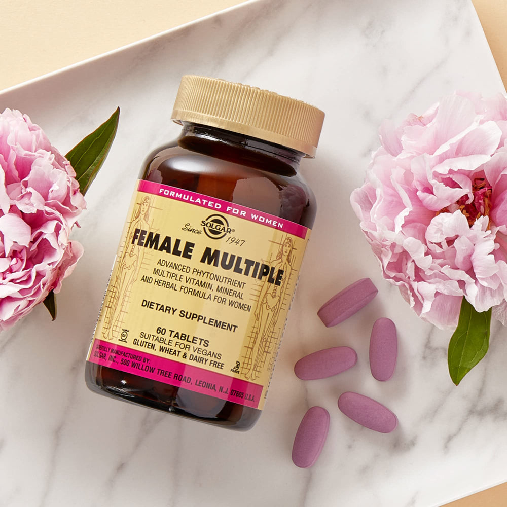 Solgar Female Multiple packaging highlighting vegetarian-friendly formula