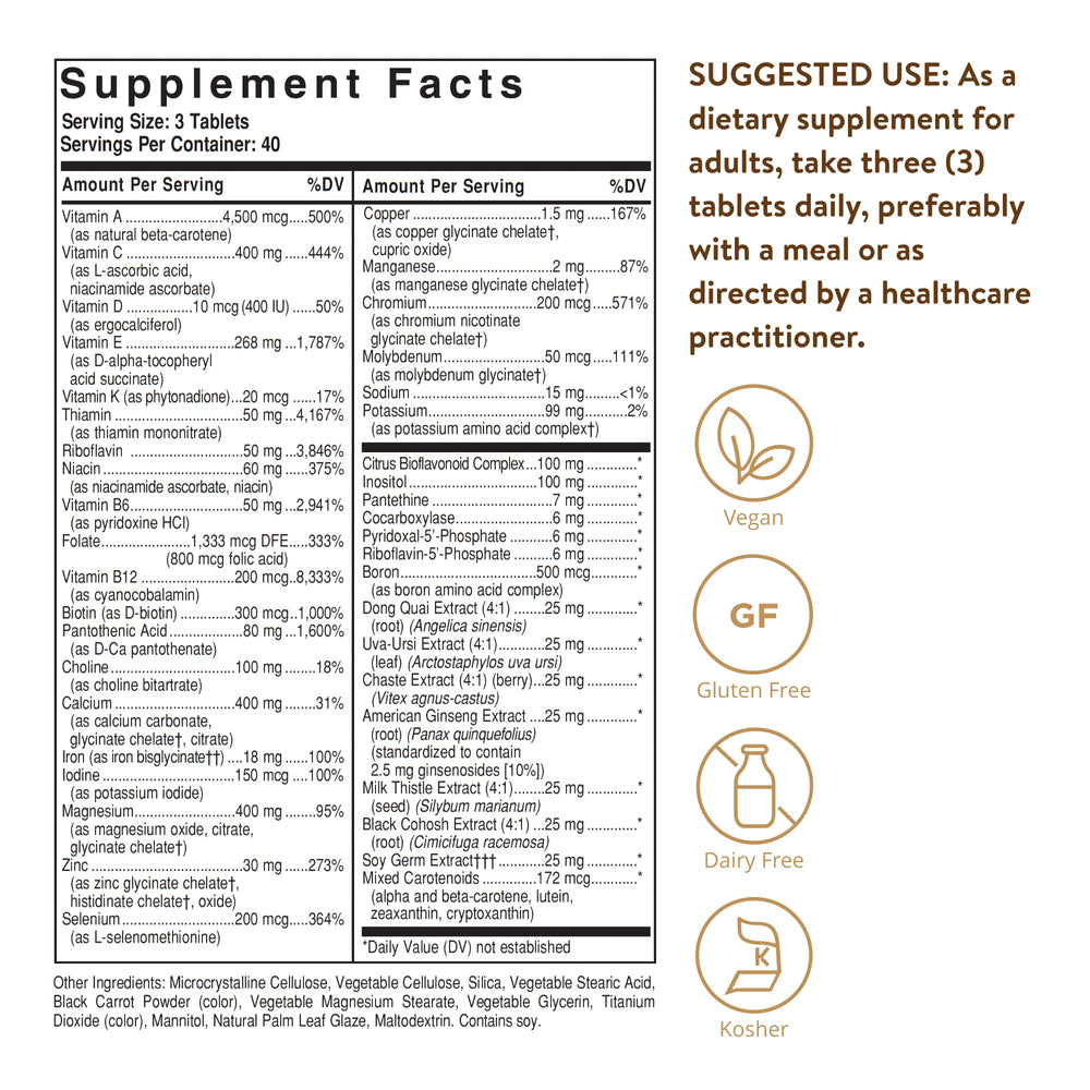 Solgar Female Multiple tablets close-up highlighting vegan formula