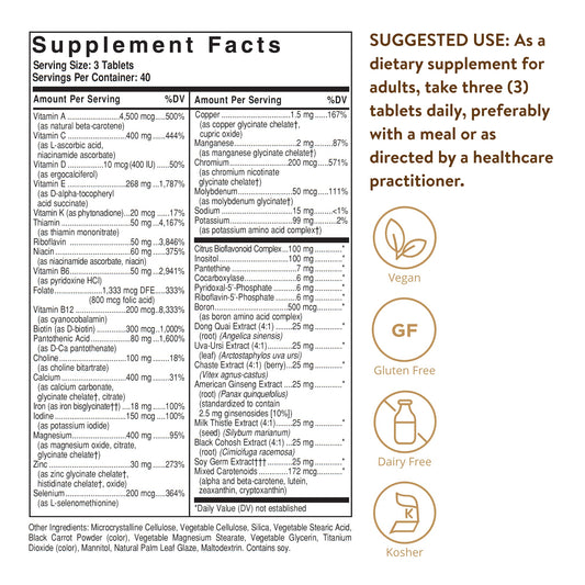 Solgar Female Multiple tablets close-up highlighting vegan formula